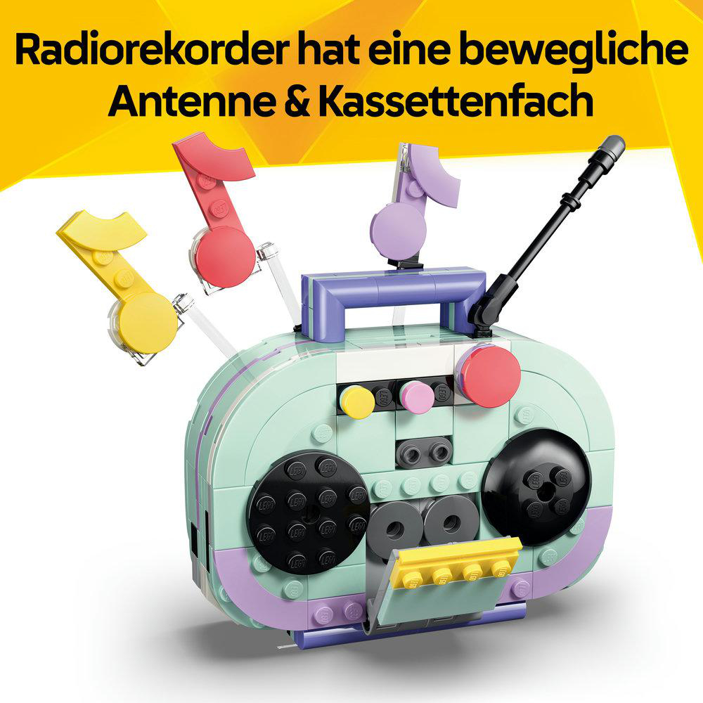 Ein buntes Lego-Radio mit Musiknoten und Antenne.