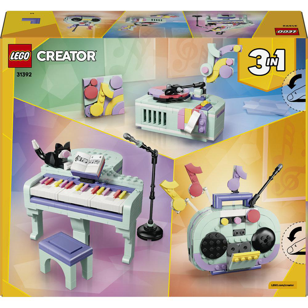 Lego Creator Set mit Klavier, Plattenspieler, Boombox und Noten.