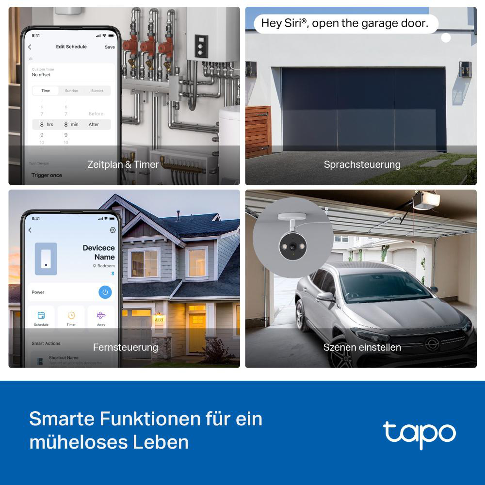 Vier Szenen: Heizungssteuerung, Sprachsteuerung Garage, Hausfernsteuerung, Kameraszene.