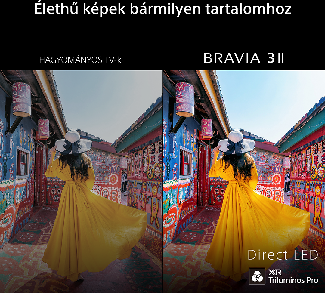 Összehasonlítás: Sárga ruhás nő színes sikátorban, hagyományos TV vs. BRAVIA 3II.