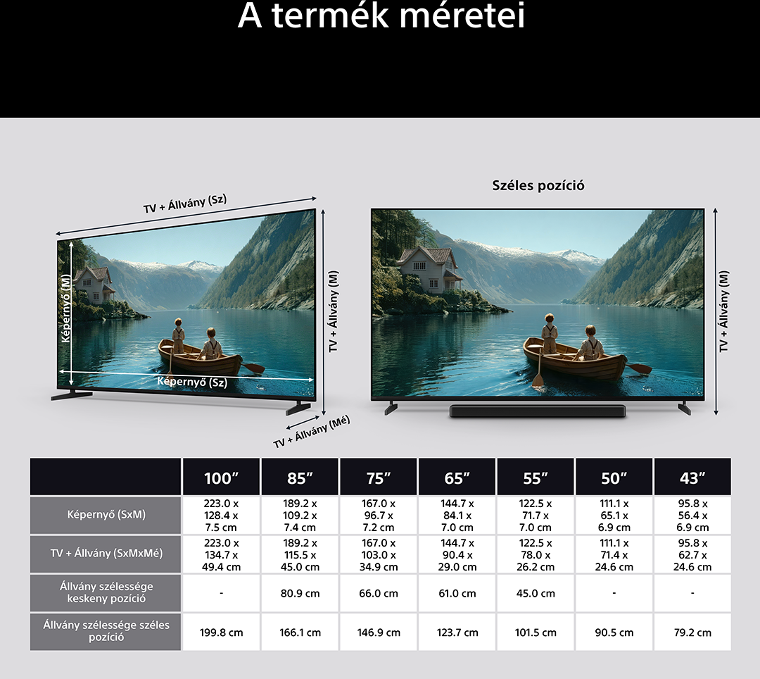 TV mérettáblázat képernyő, állvány és teljes méretekkel a különböző modellekhez.