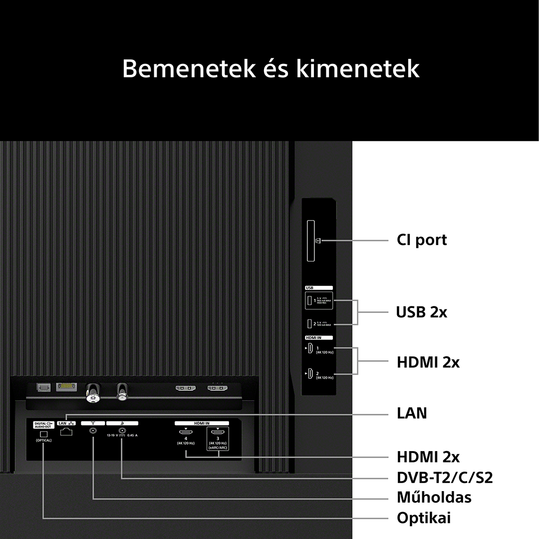TV hátlapja különféle portokkal: CI, USB, HDMI, LAN, optikai és tuner bemenetek.