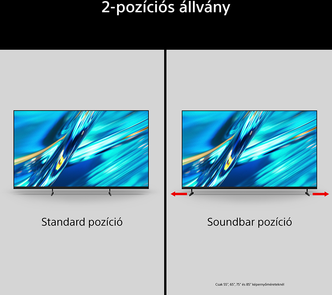 Két TV-állvány pozíció: standard és soundbar. Kék és sárga képernyő kijelző.