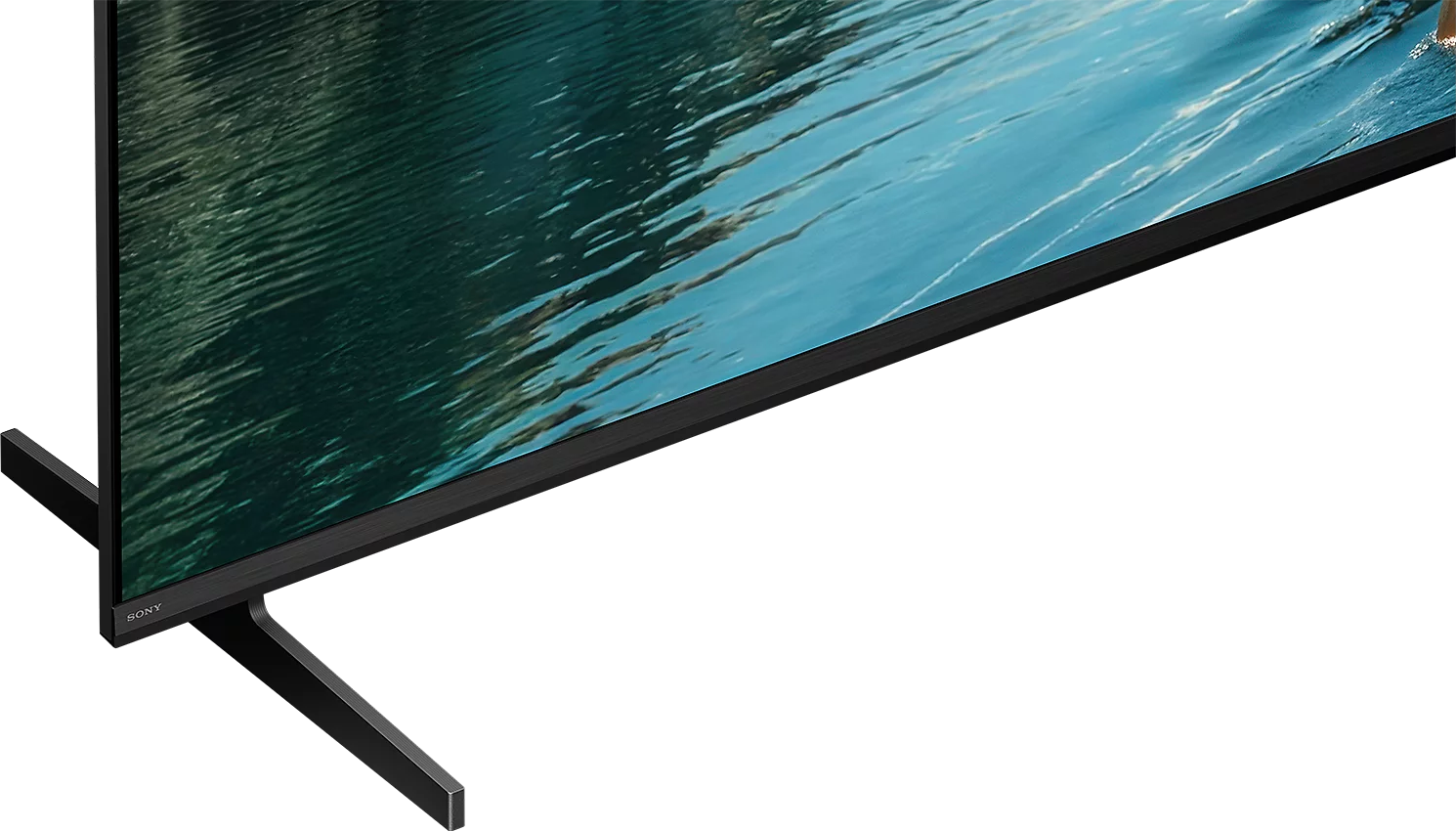 Egy fekete TV-képernyő víz és Sony logóval az állványon.