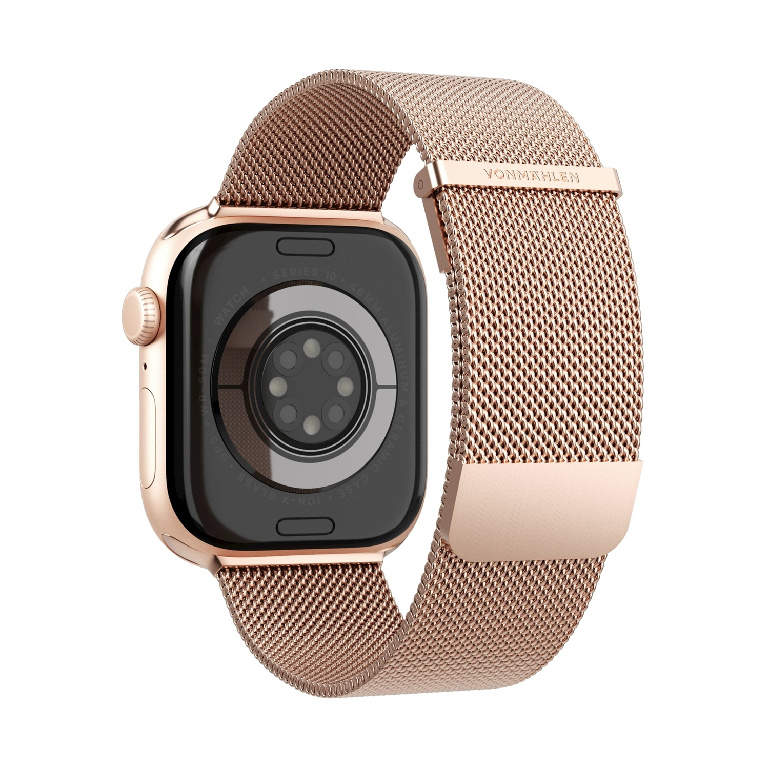 Orologio smart oro rosa con cinturino milanese, vista posteriore.