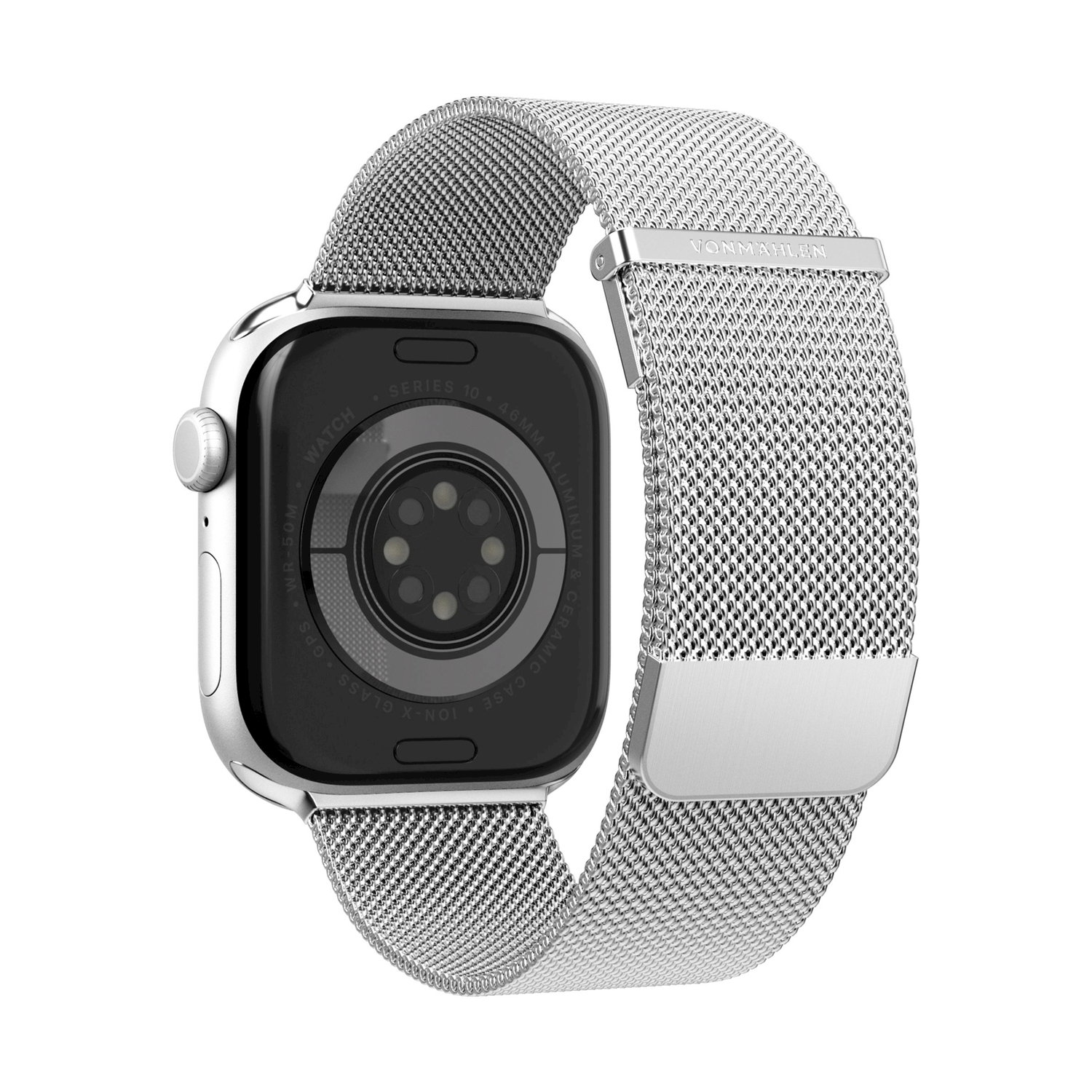 Smartwatch argentata con cinturino milanese, retro con sensori visibili.