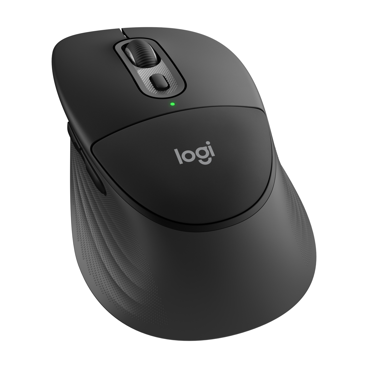 Mouse Logitech nero con rotellina di scorrimento e luce verde.