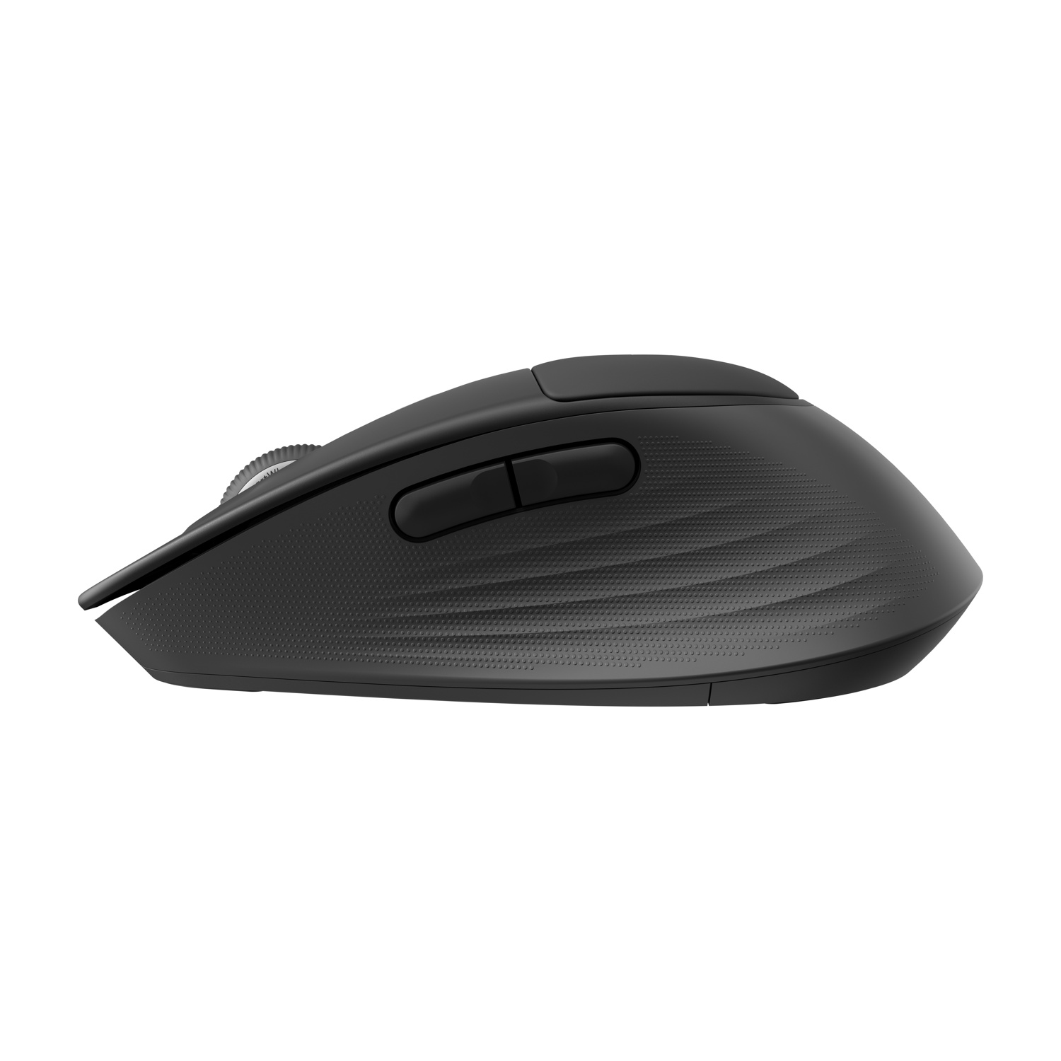 Mouse nero con rotellina e due pulsanti, vista laterale.