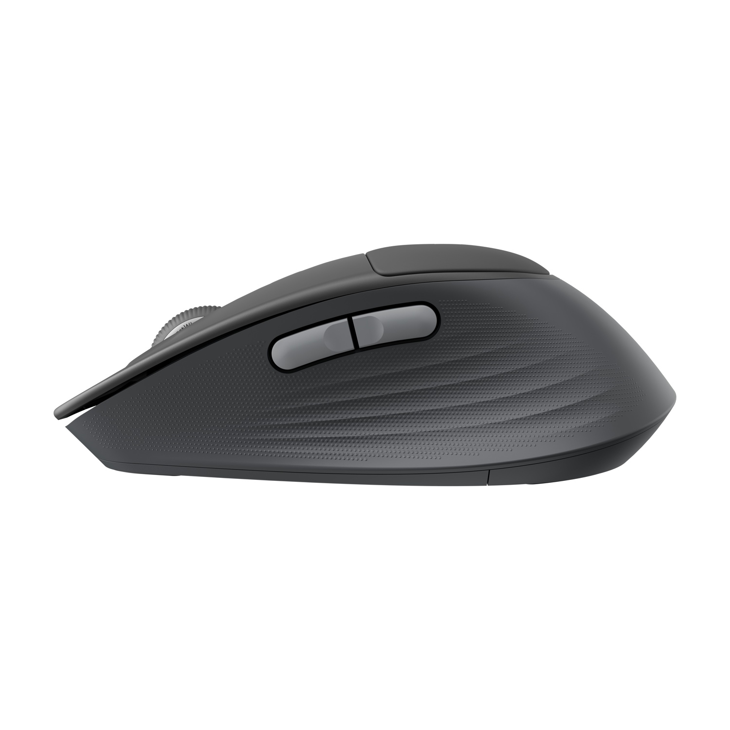 Un mouse ergonomico scuro in vista laterale, con rotellina di scorrimento e pulsanti.