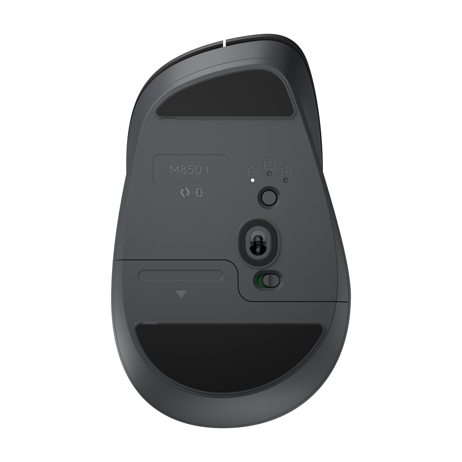 Parte inferiore di un mouse per computer scuro con numero modello M850 L e simbolo Bluetooth.