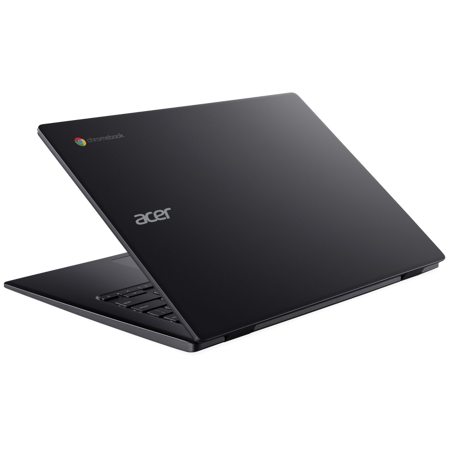 A closed, black Acer Chromebook on a white background.