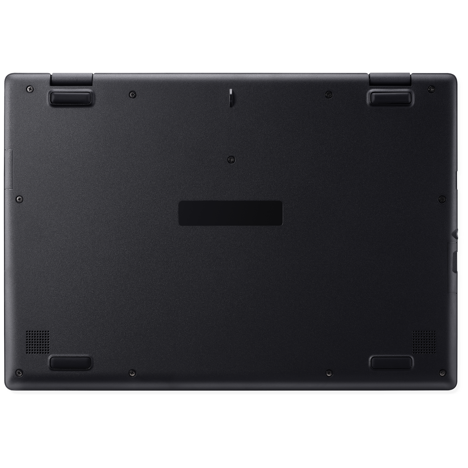 Underside of a black laptop with rubber feet and speaker grilles.