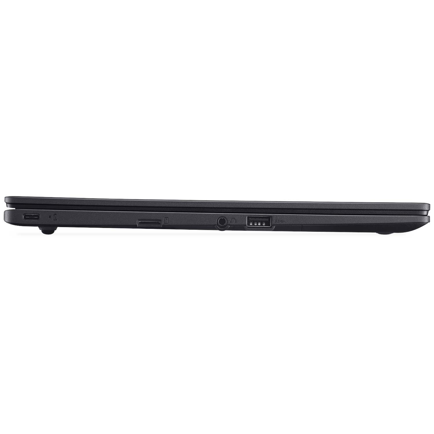 Side view of a closed black laptop showing ports: USB-C, SD card reader, and headphone jack.