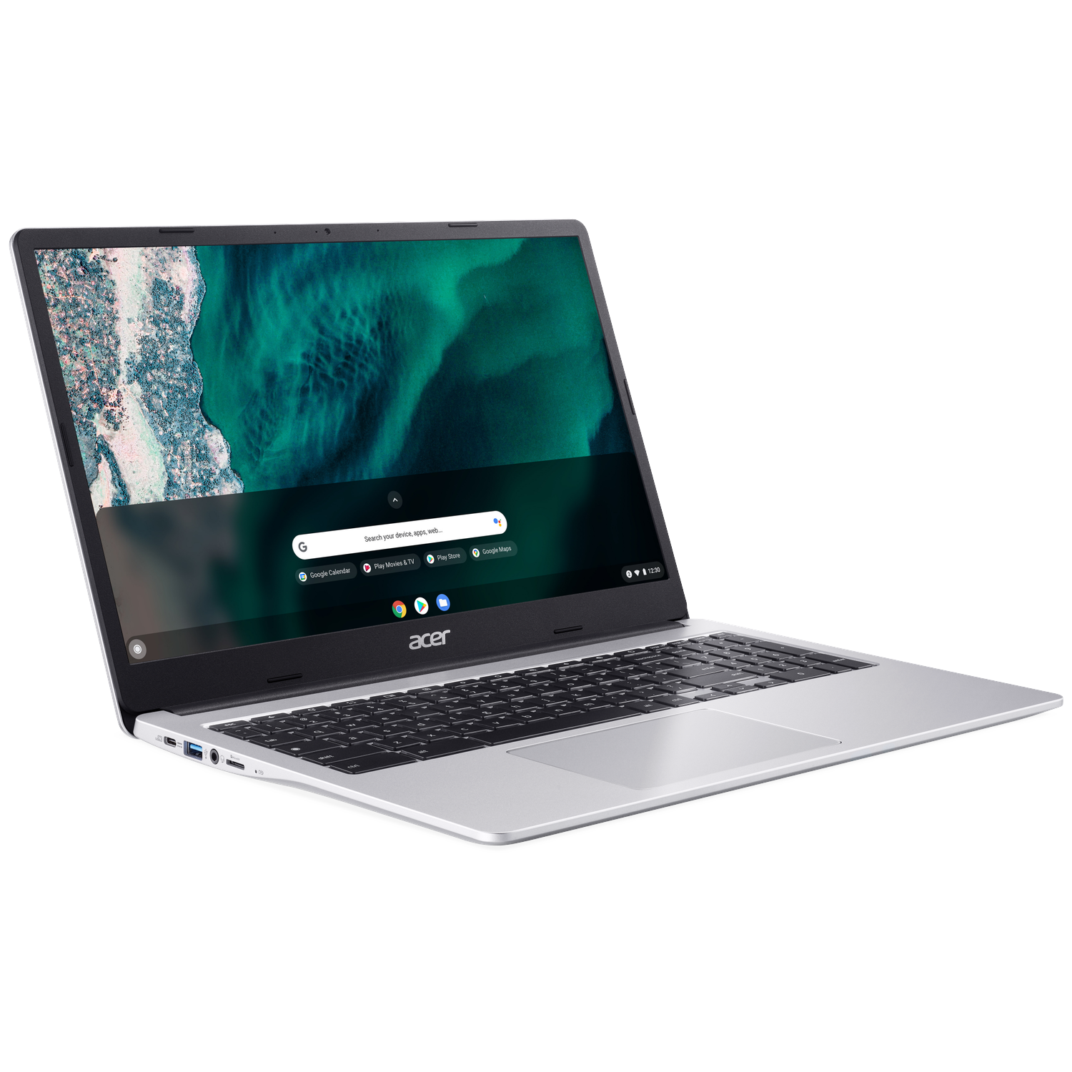 A silver Acer laptop with its screen open, displaying the Chrome OS desktop.