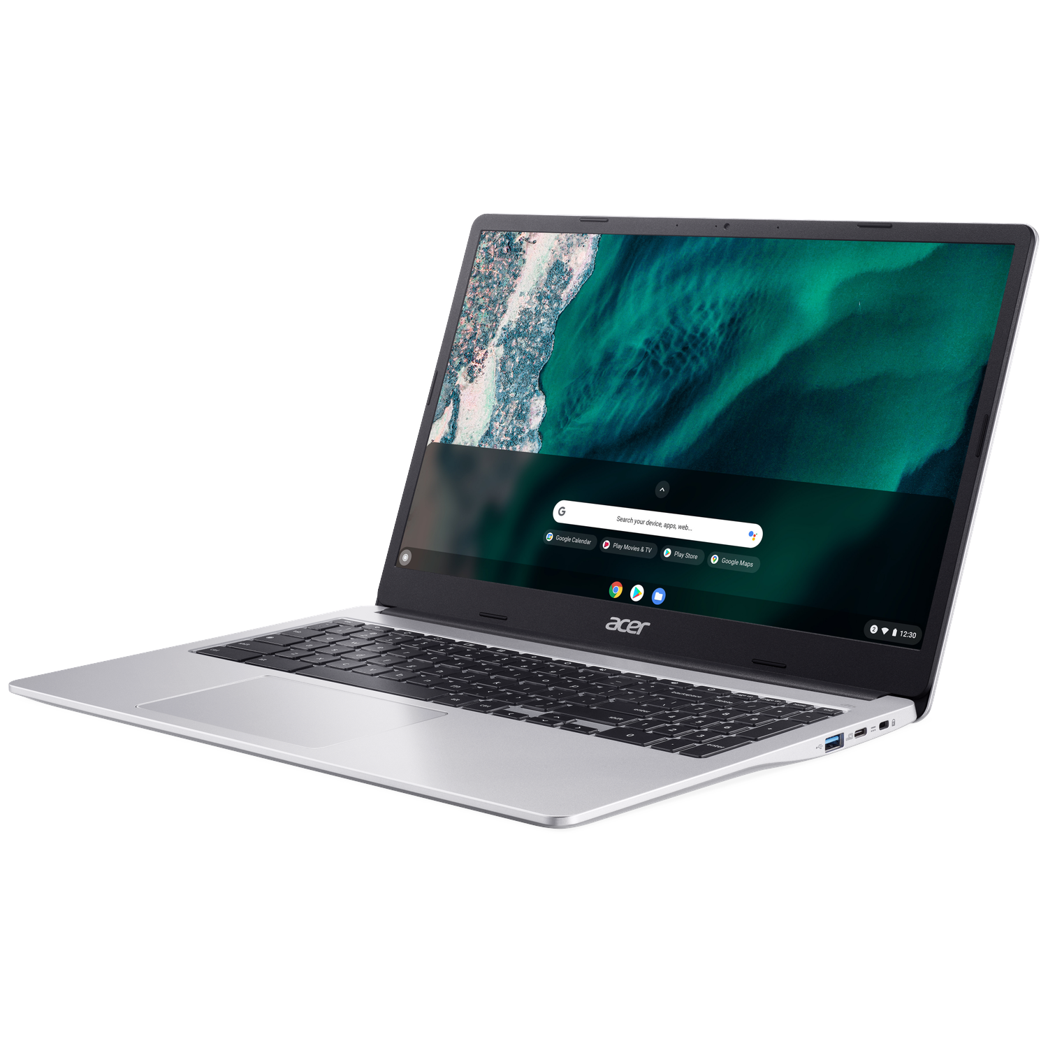 Silver Acer laptop with a dark keyboard and a green abstract wallpaper on the screen.