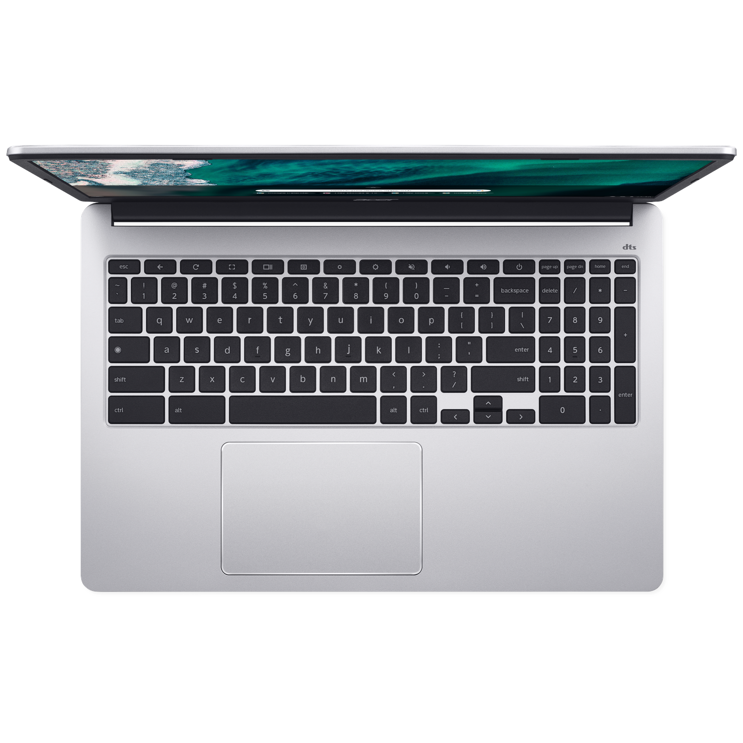 An open silver laptop with a backlit keyboard and a blue background on the screen.