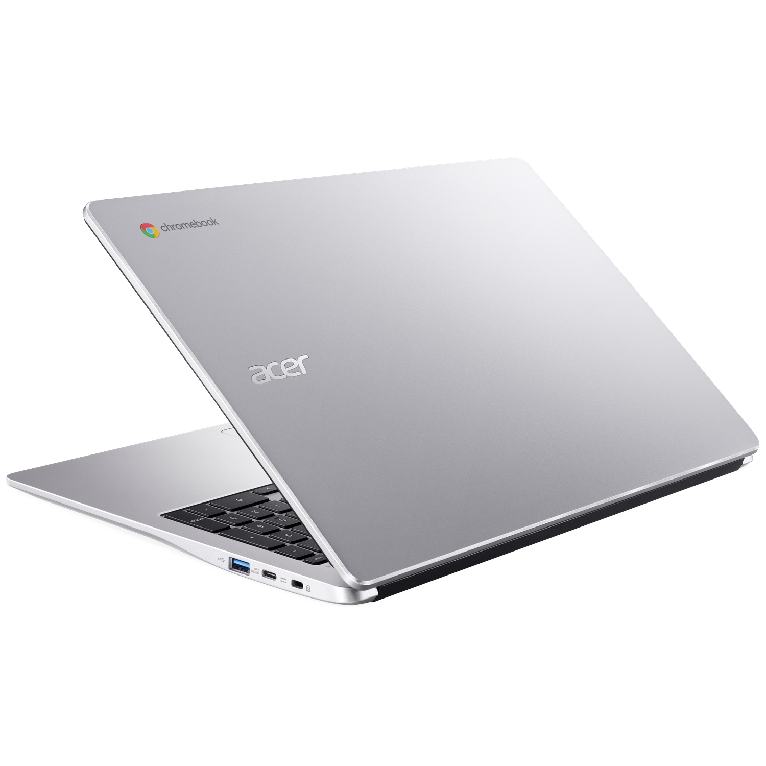 A silver Acer Chromebook, open, showing the keyboard and ports.