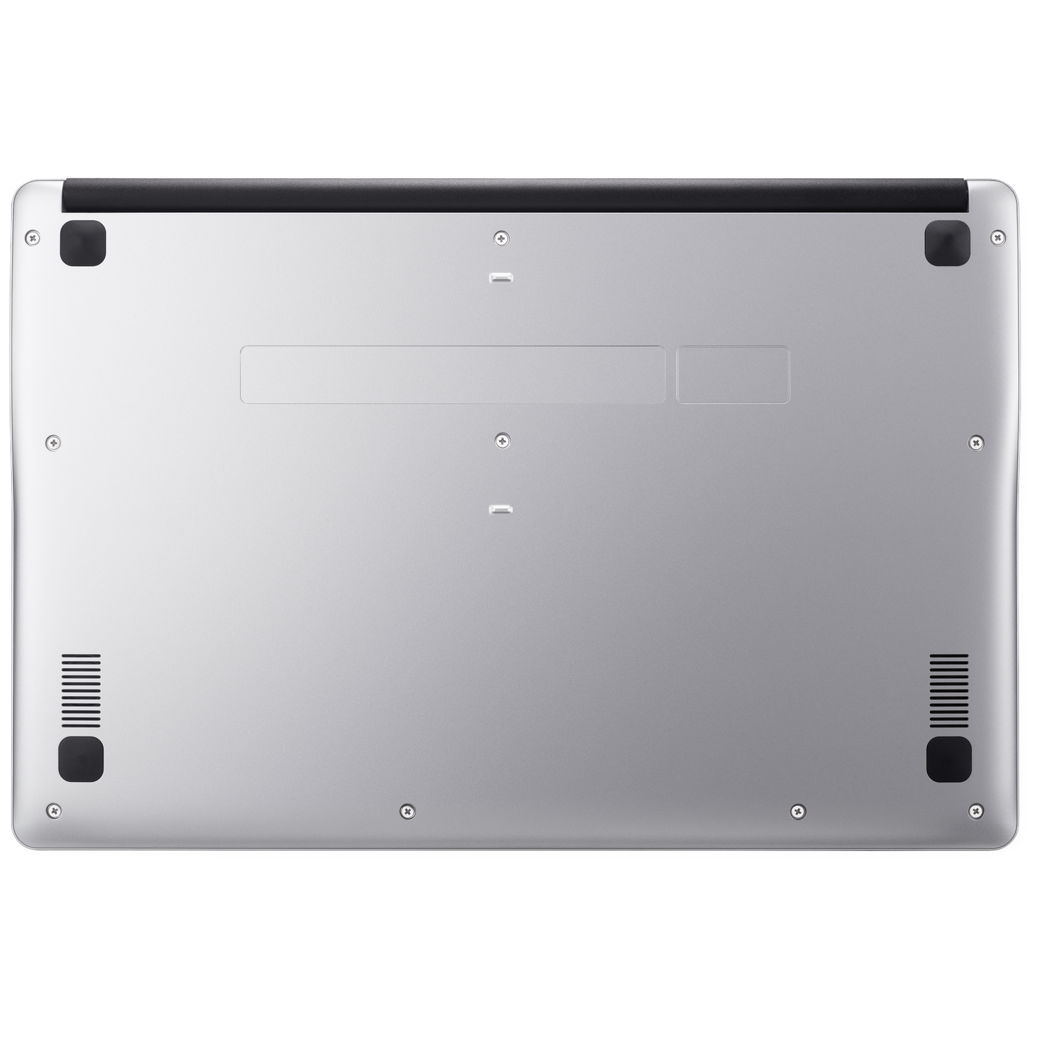 Underside of a silver laptop with vents and black rubber feet.
