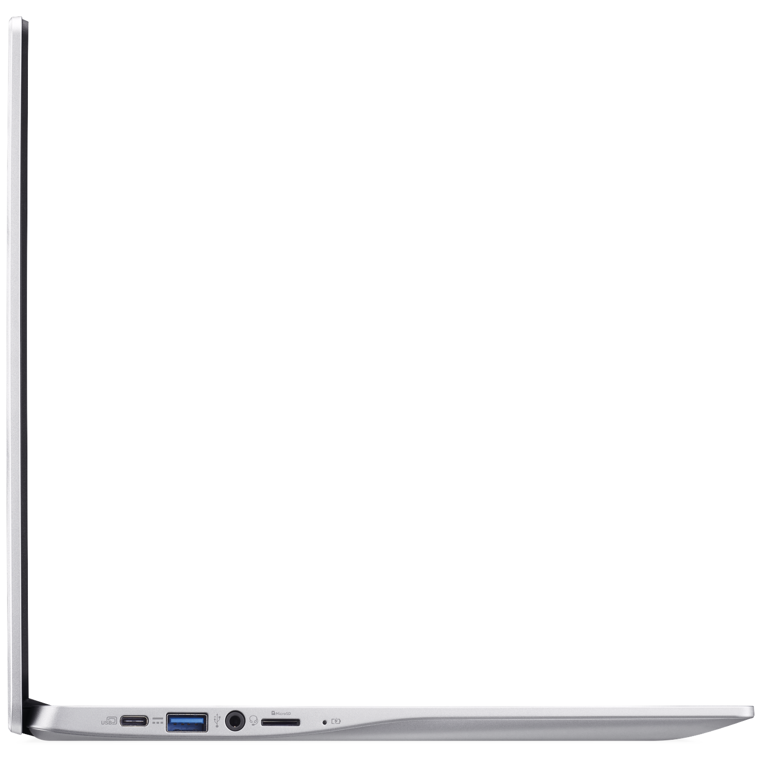 Silver laptop with USB-C, USB-A, headphone jack, SD card reader, and power button.