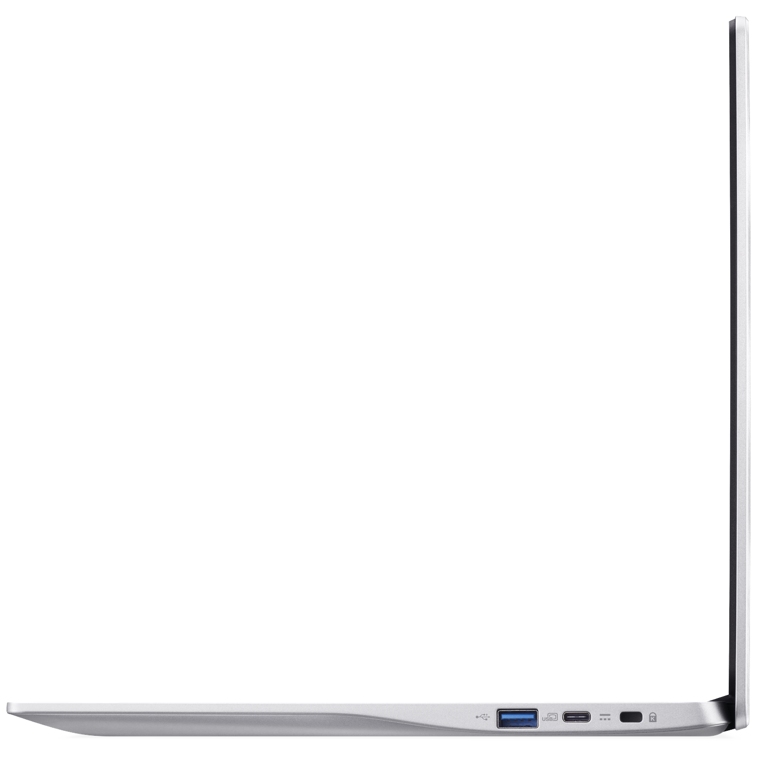 Silver laptop side view showing USB-A, USB-C, card slot, and power button.