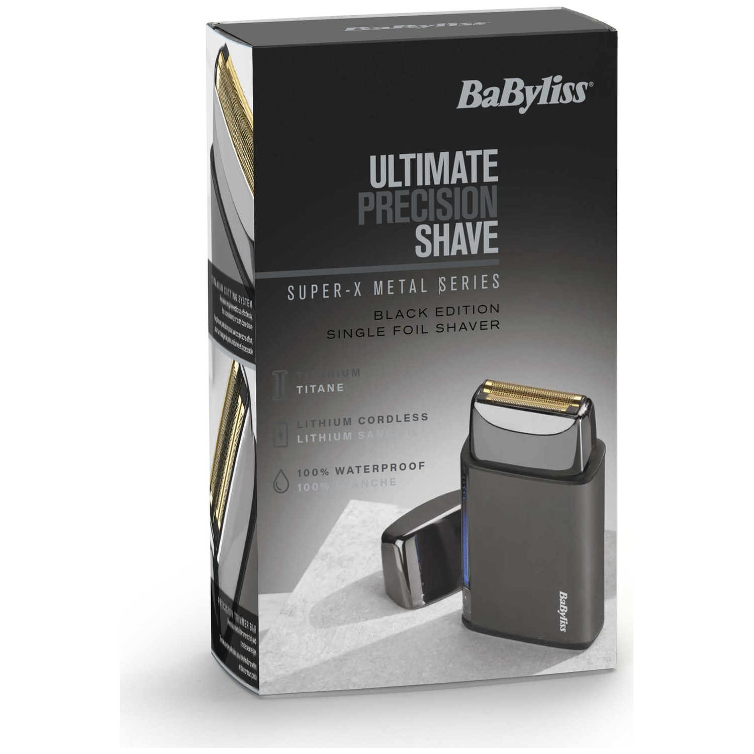 Verpakking van een BaByliss scheerapparaat, met details over functies en model.