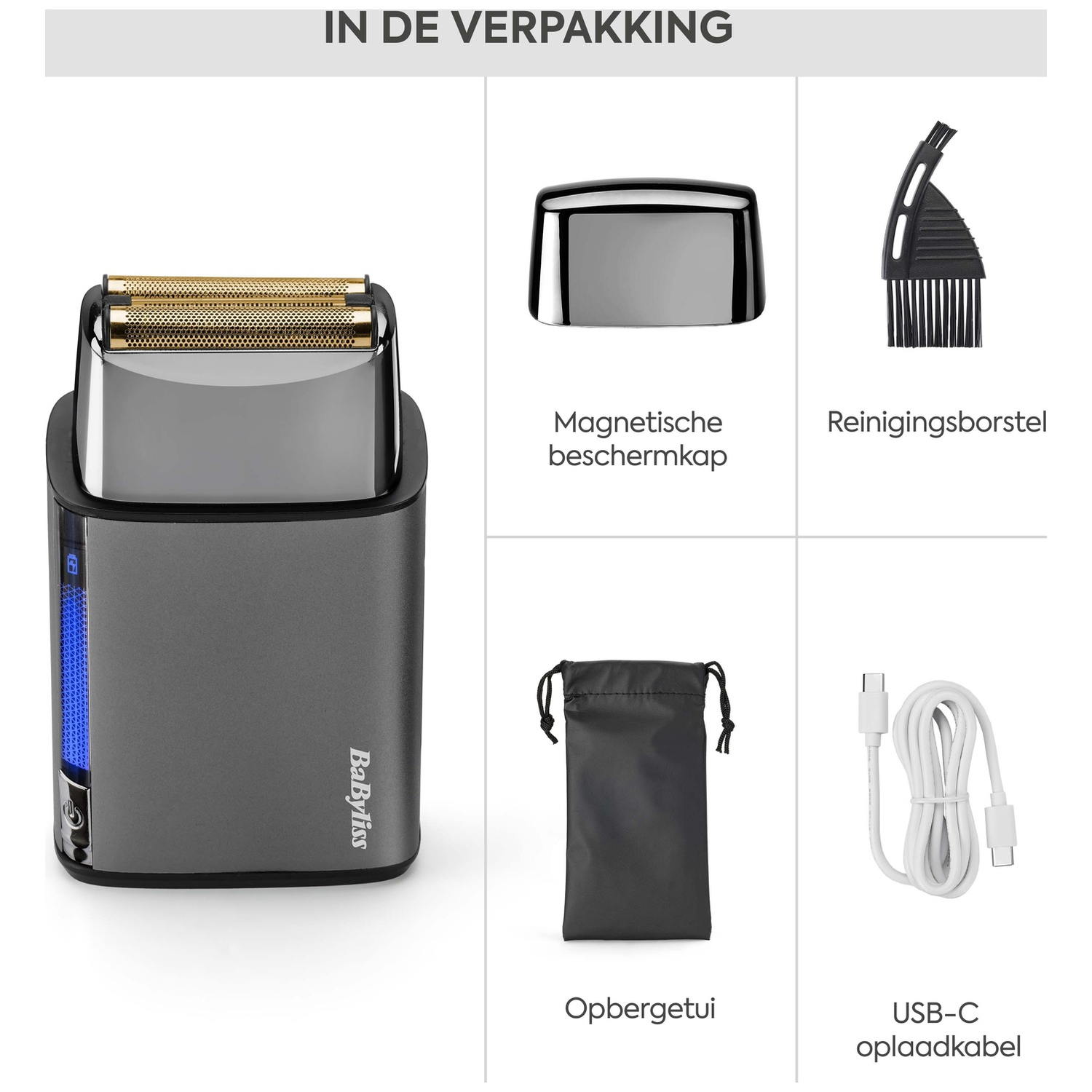 Een foliescheerapparaat met oplaadstation, dop, borstel, etui en USB-C-kabel.