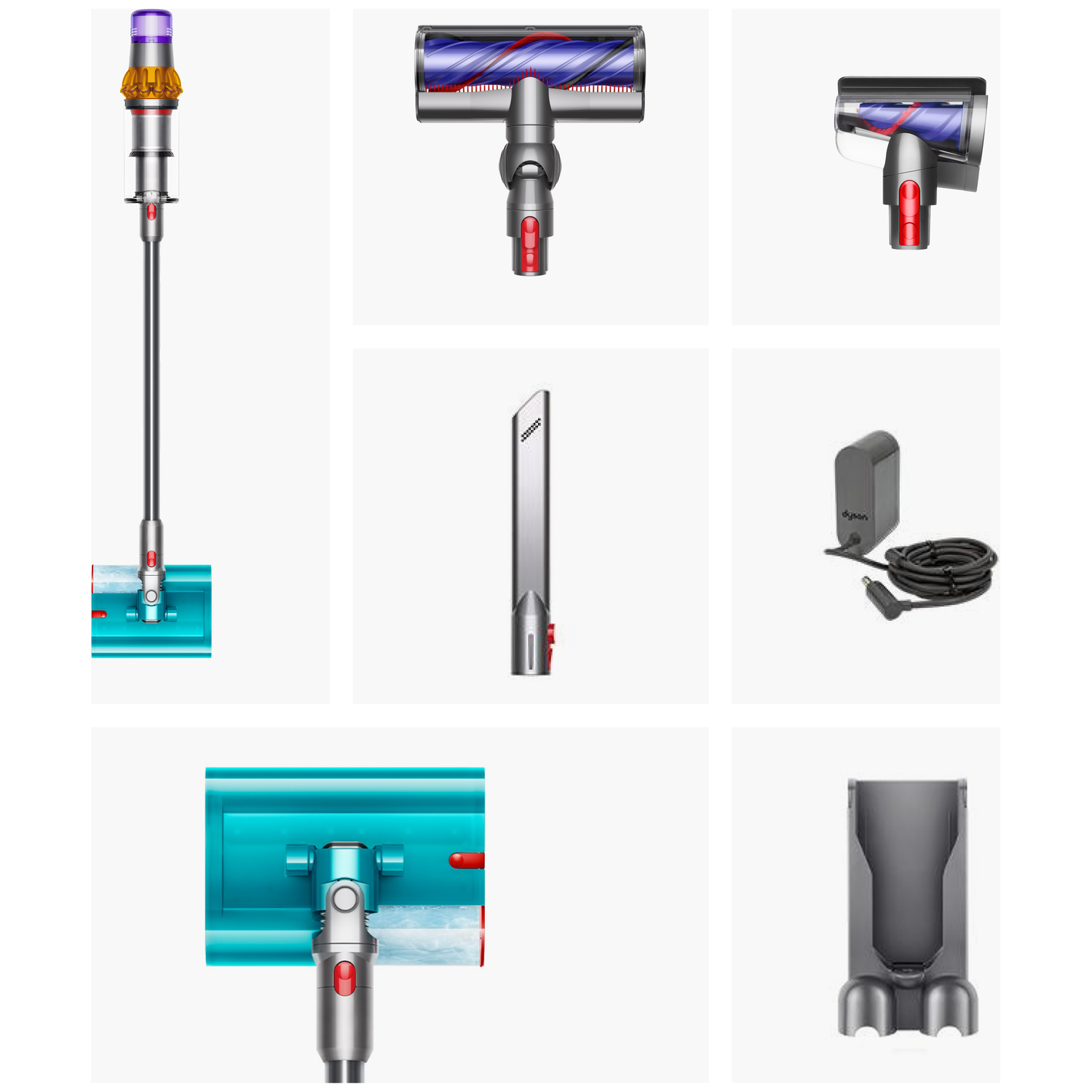 Een Dyson stofzuiger met accessoires: borstelkop, kierenzuiger, oplader, muurbeugel.