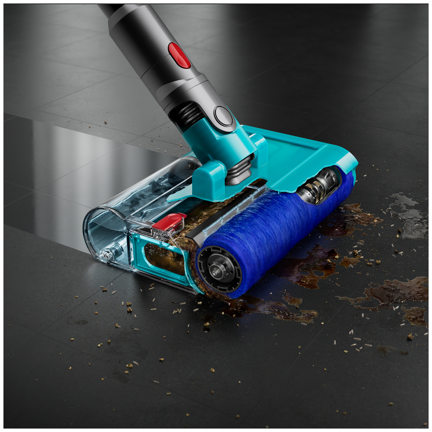 Een stofzuiger met blauwe borstelkop zuigt vuil en vloeistof op.