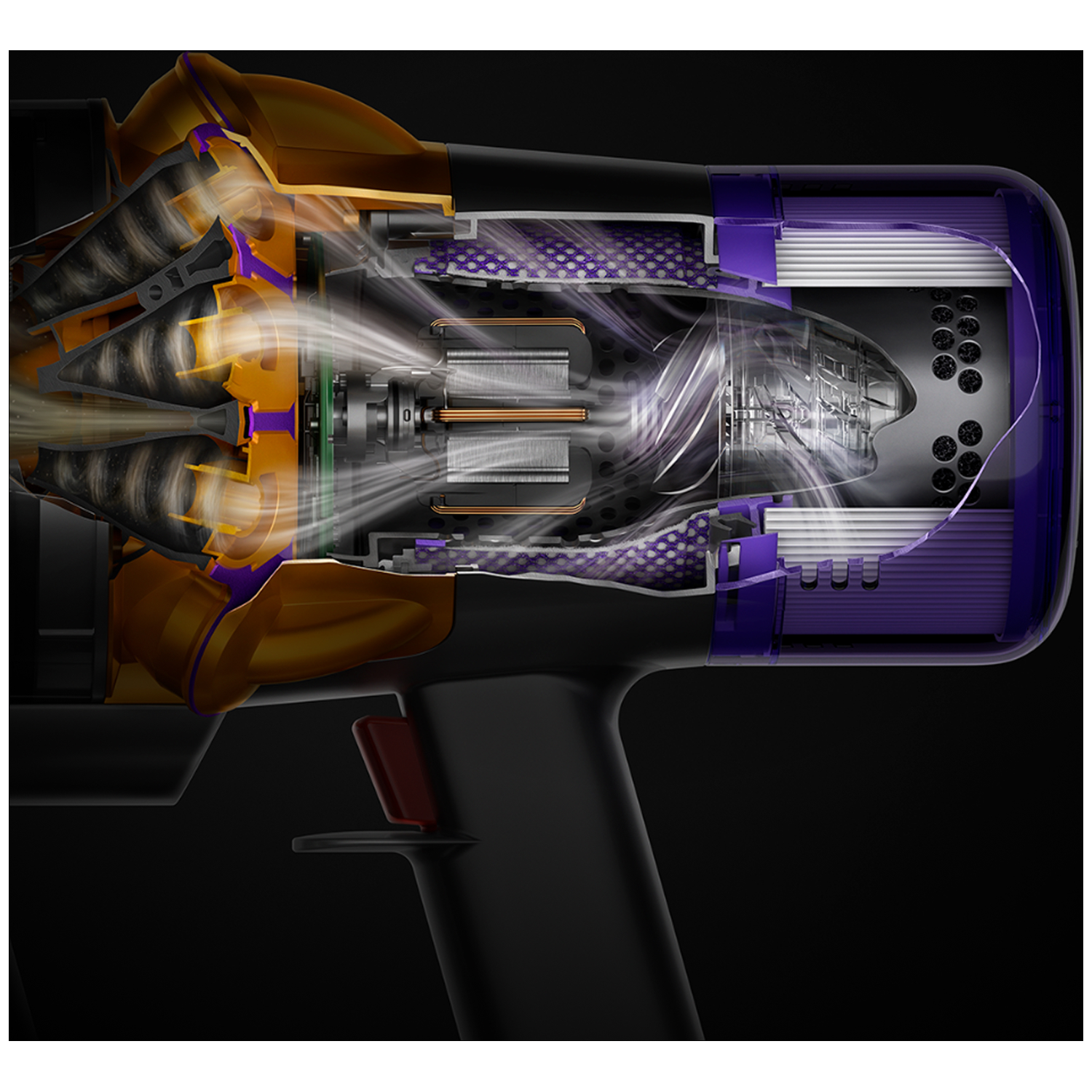 Detailopname van een Dyson-haardroger met interne componenten en luchtstroom.