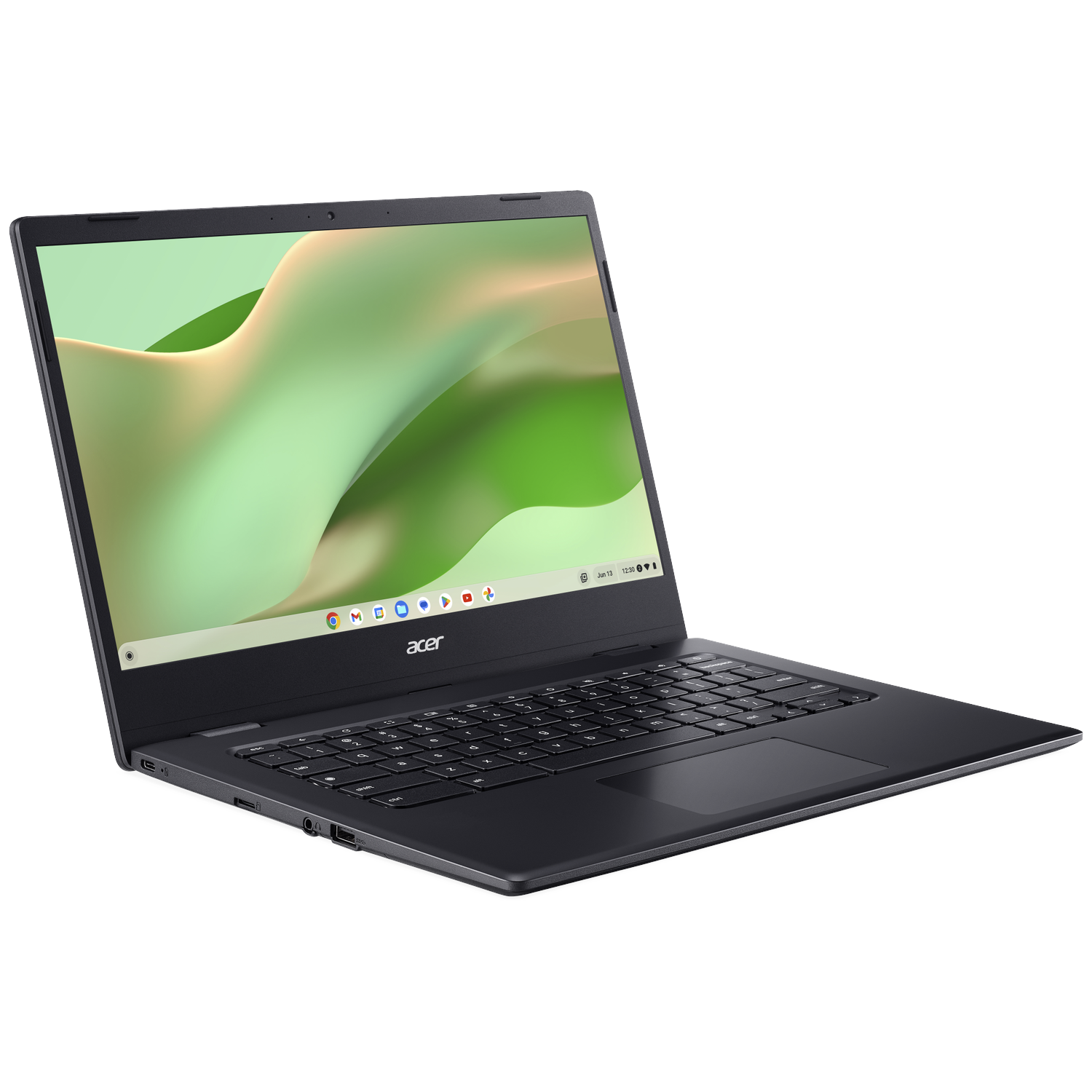 A black Acer laptop with a green and beige abstract wallpaper on its screen.