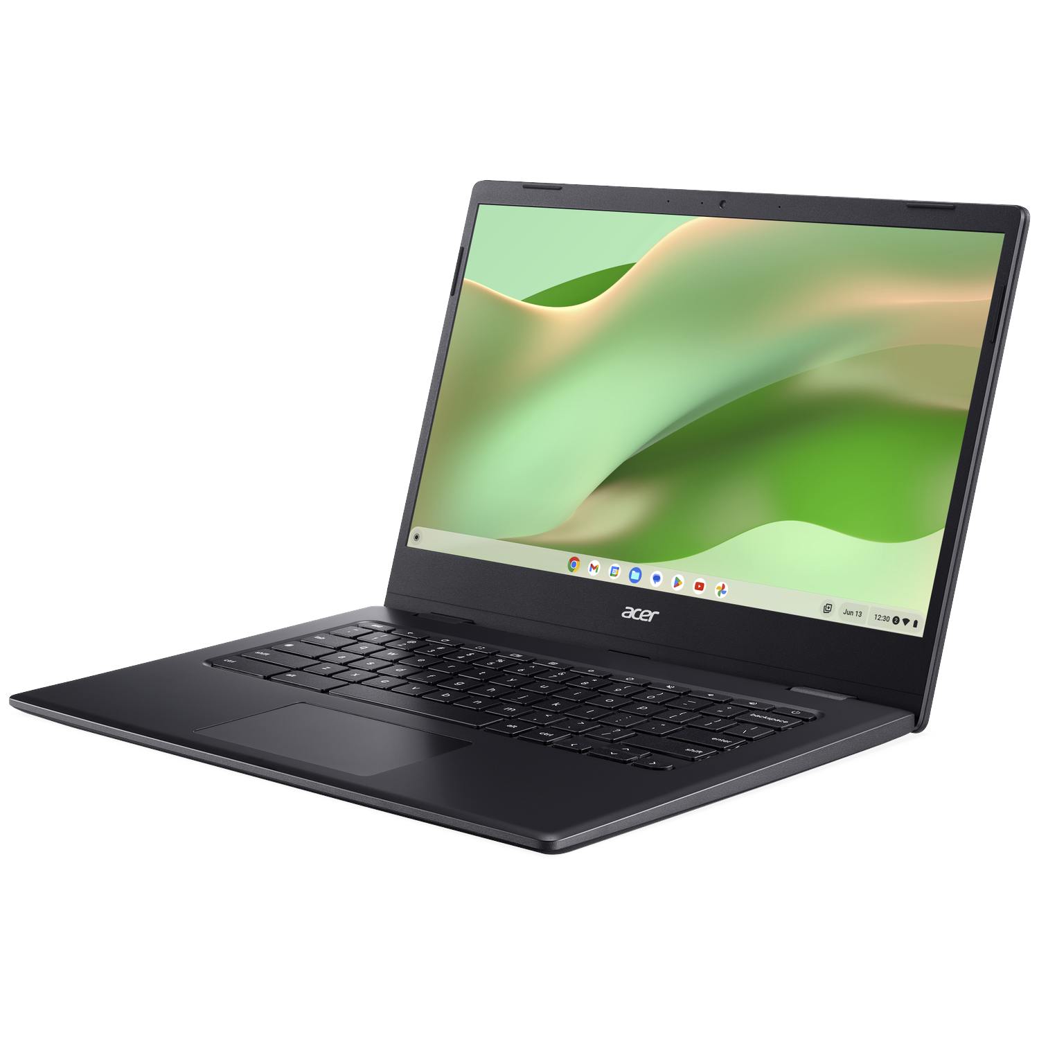 A dark Acer laptop with its screen on, displaying a green wavy landscape.