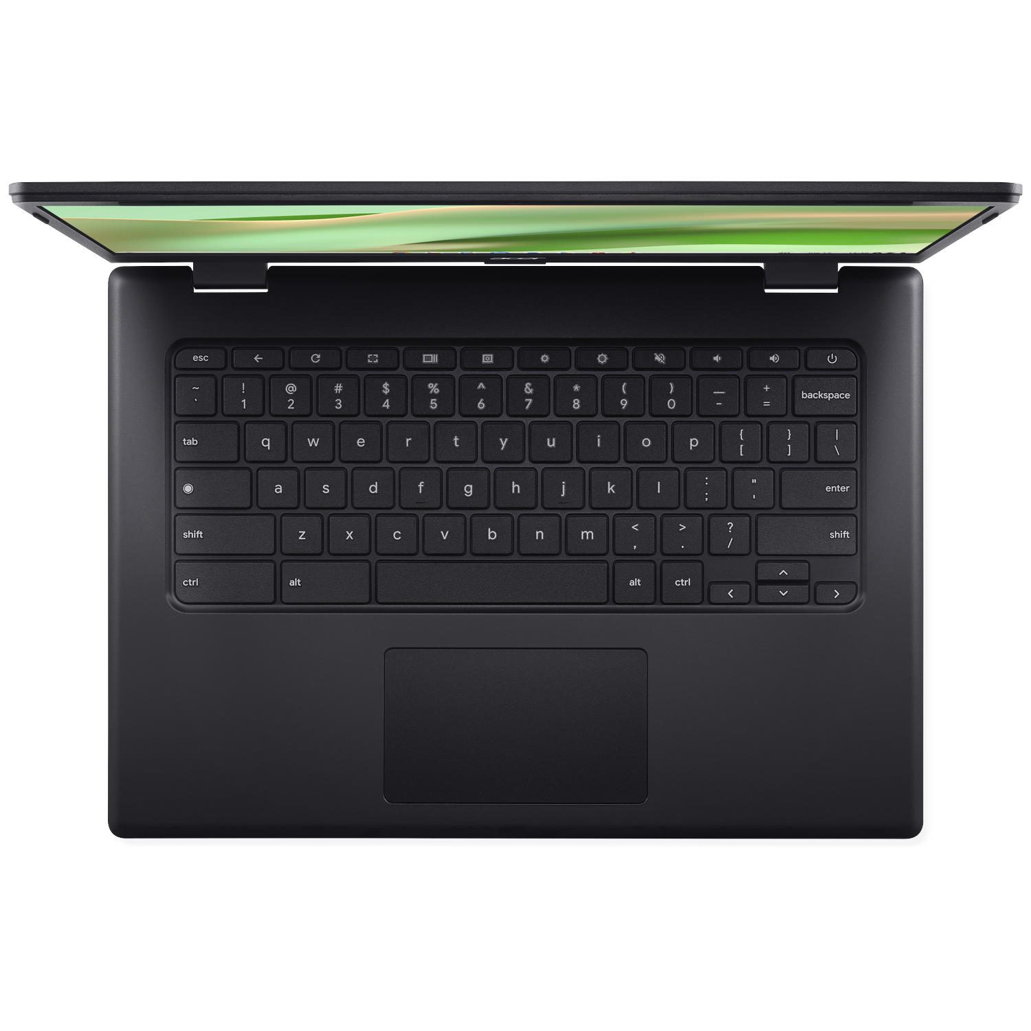 An open black laptop with illuminated keyboard and screen.
