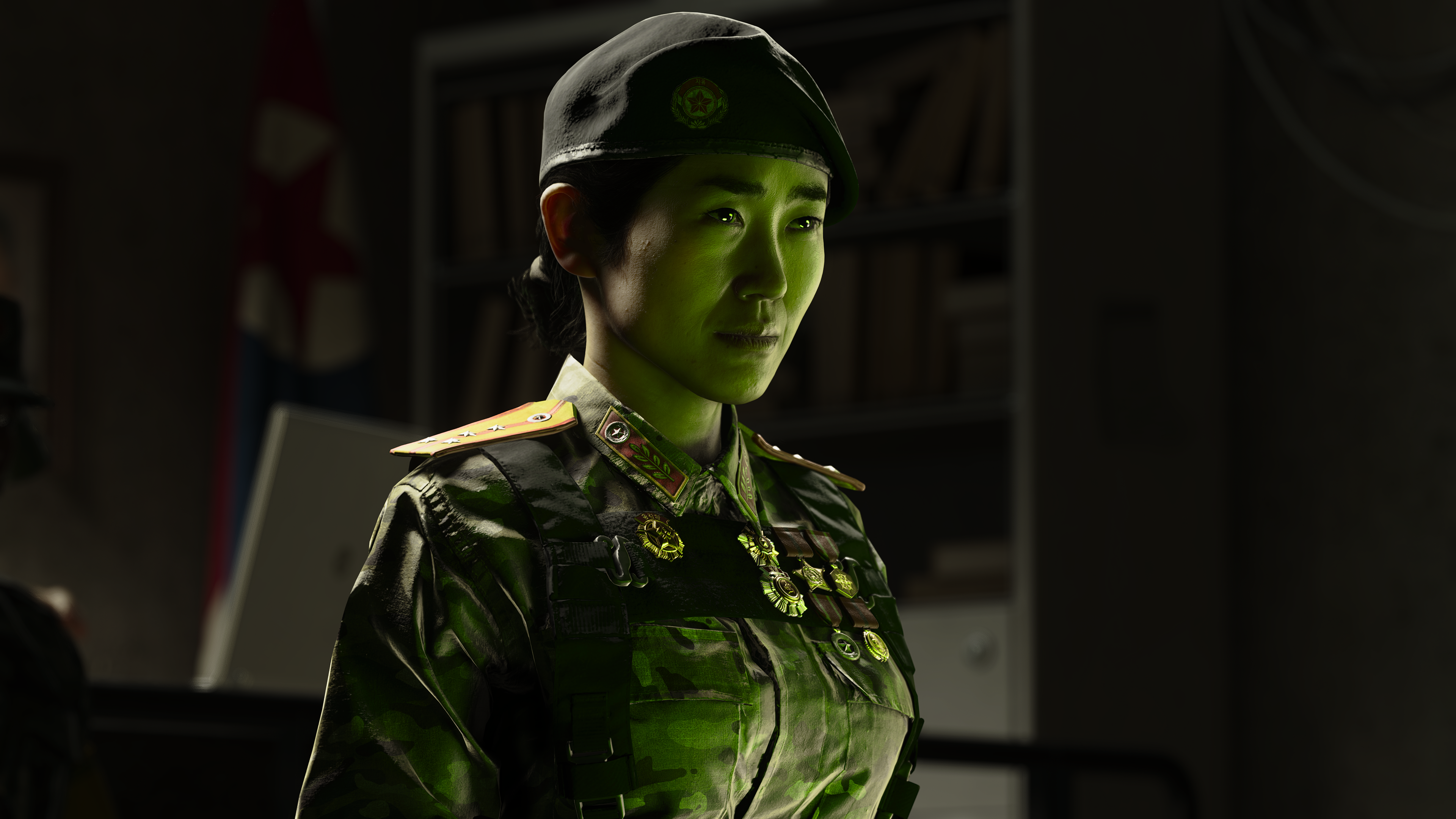 Eine Frau in Uniform mit Medaillen und Barett, im grünen Licht.