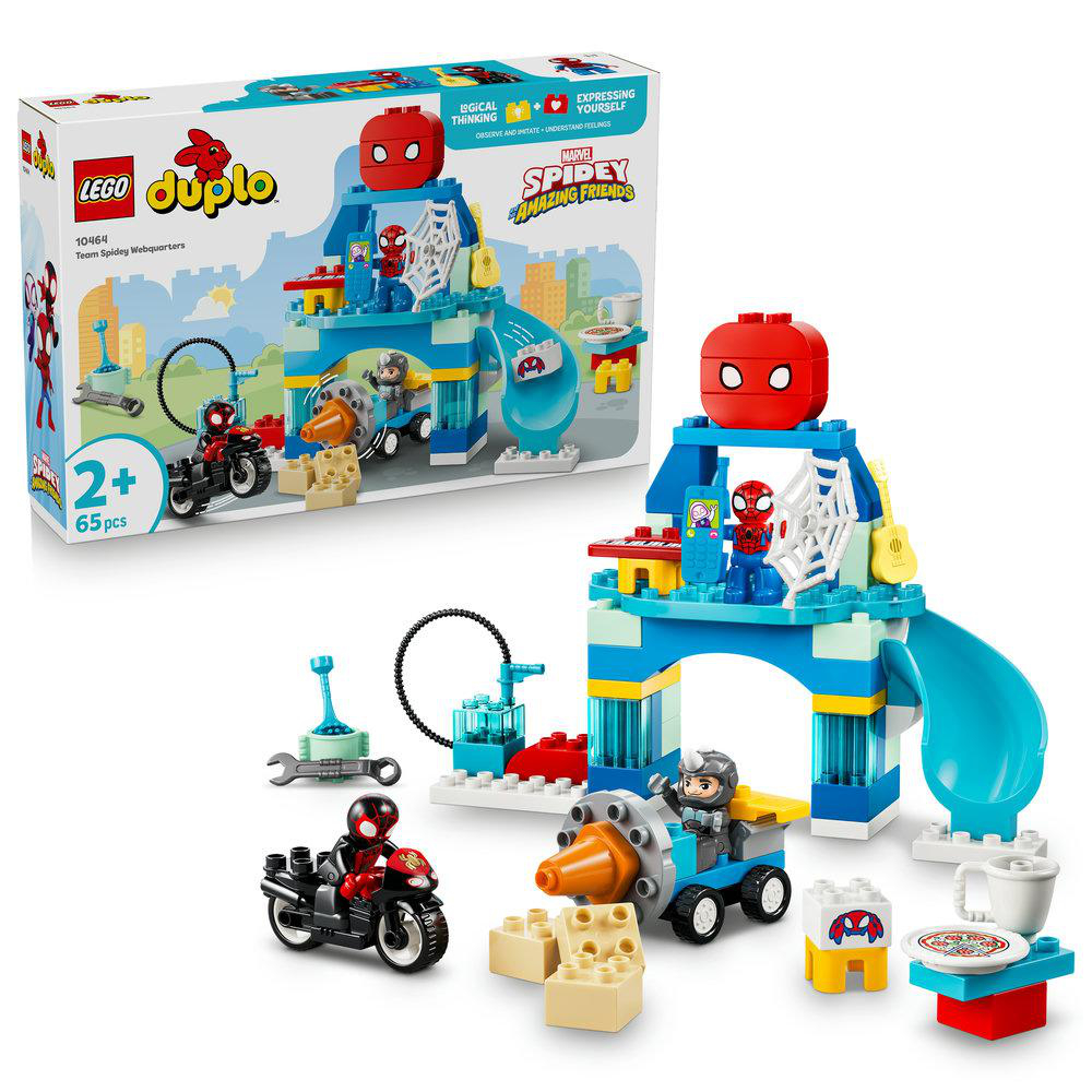 LEGO Duplo Spidey Team Webquarters Spielset mit Figuren und Fahrzeugen.