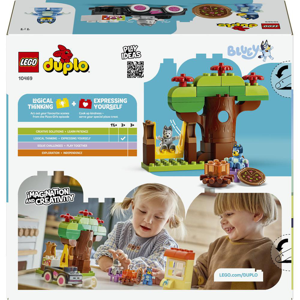 LEGO Duplo Box mit Spielzeug-Baumhaus, Spielfiguren und Kindern, die spielen.