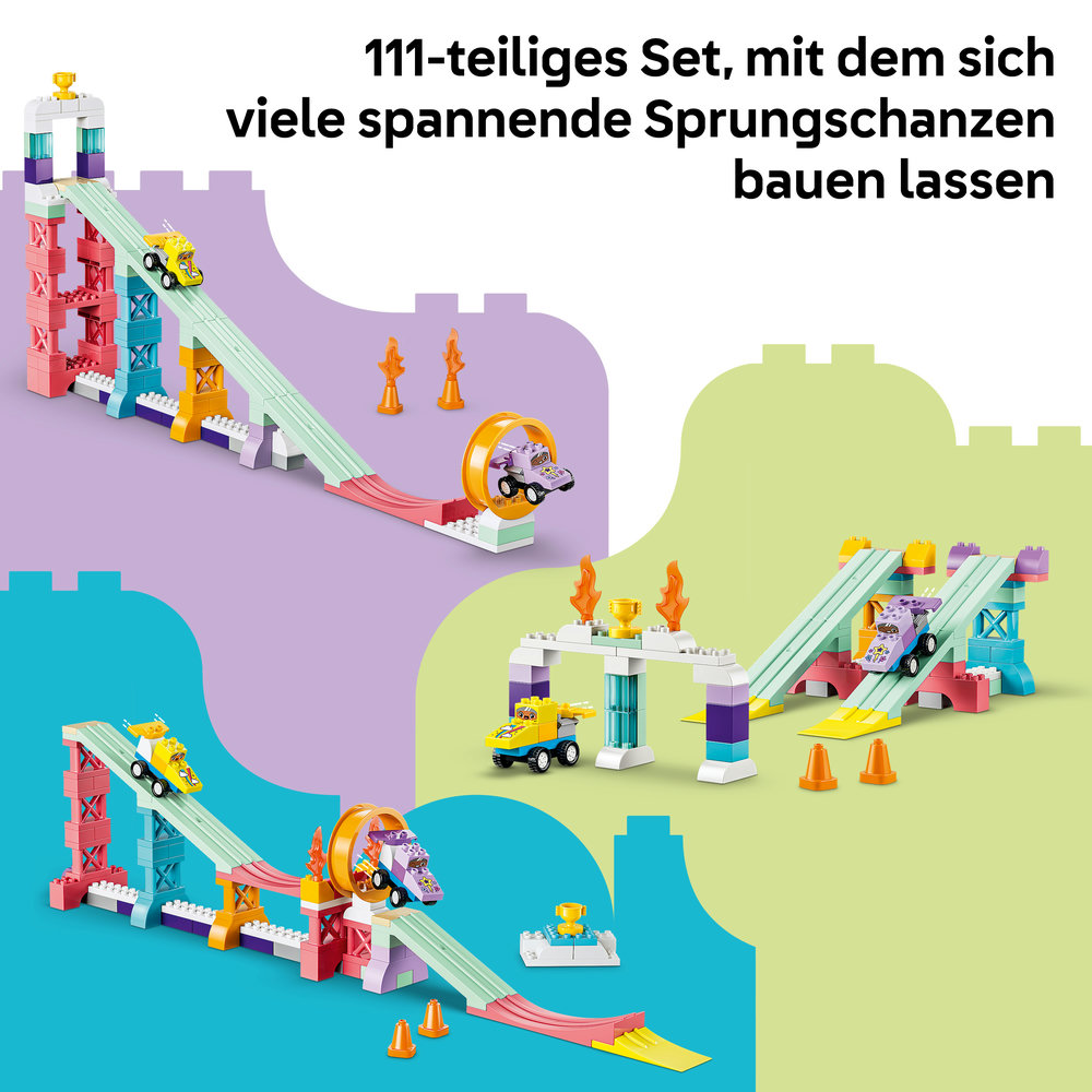 Bunte Spielzeugauto-Rennstrecken mit Rampen, Loopings und Tribünen.