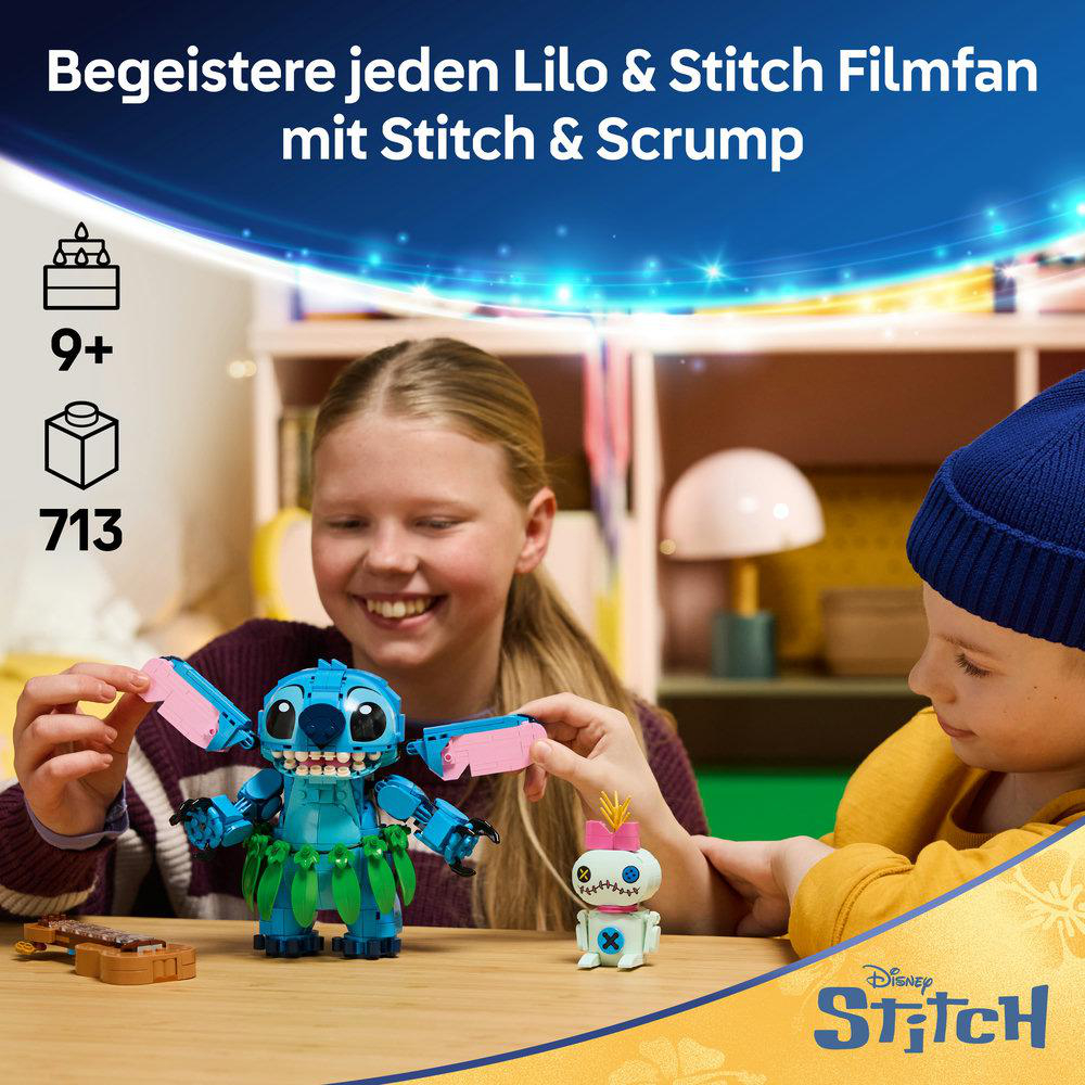 Mädchen hält Stitch-Figur, daneben Scrump. Alter 9+, 713 Teile.