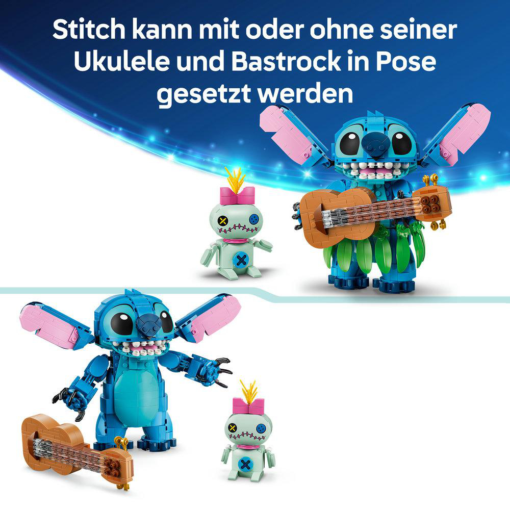 Stitch-Figuren mit und ohne Ukulelen vor blauem Hintergrund.