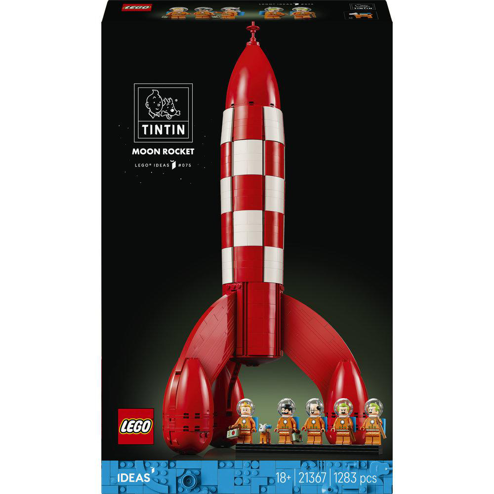 Der Tintin Mondraketen-LEGO-Bausatz mit Figuren und roten/weißen Raketen-Details.