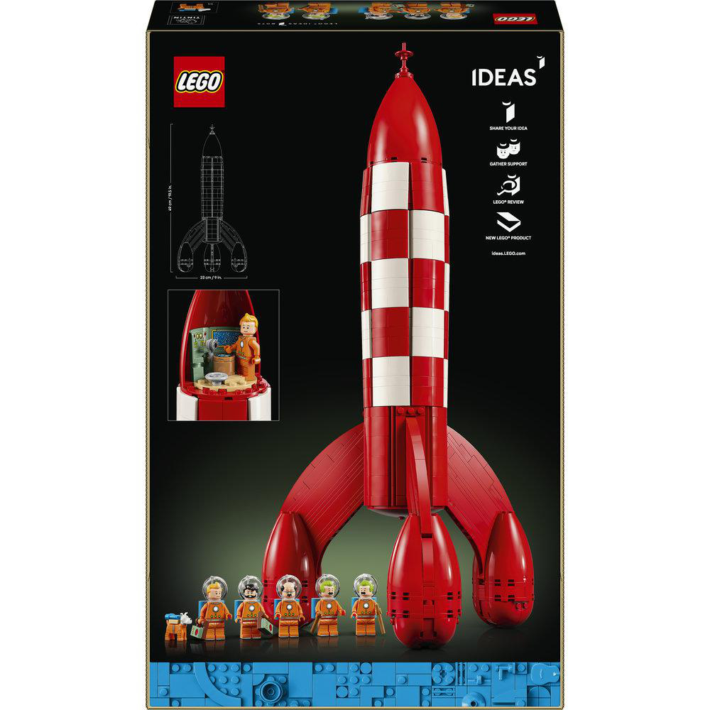 LEGO-Raketenbausatz mit Minifiguren und Detailansichten.