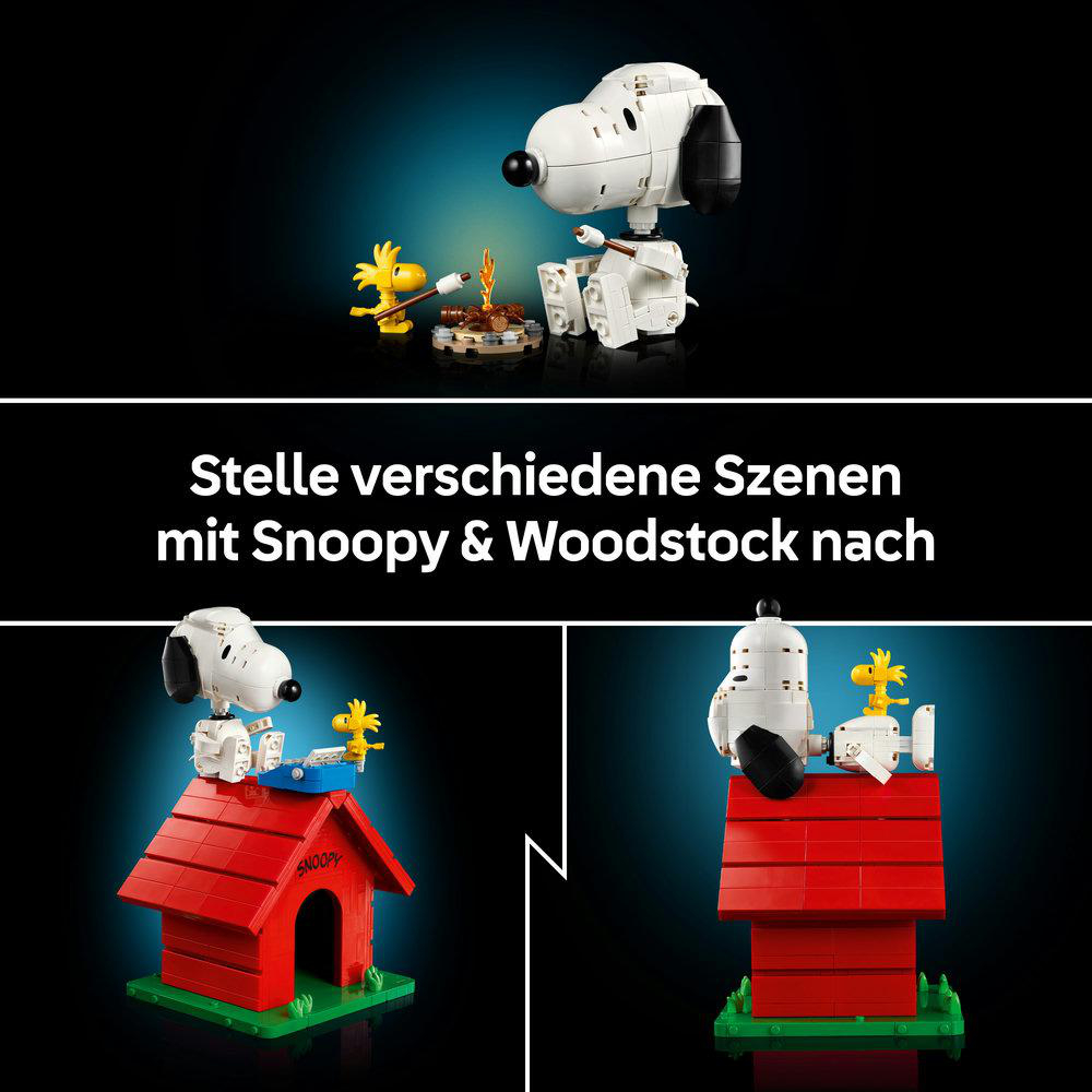 Snoopy und Woodstock Figuren mit Hundehütte und Lagerfeuer.