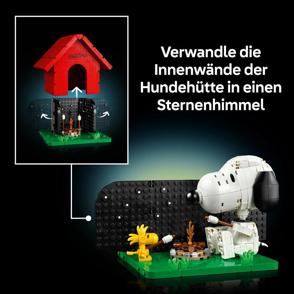 Snoopy, Woodstock und Hundehütte aus Legosteinen vor Sternenhimmel.