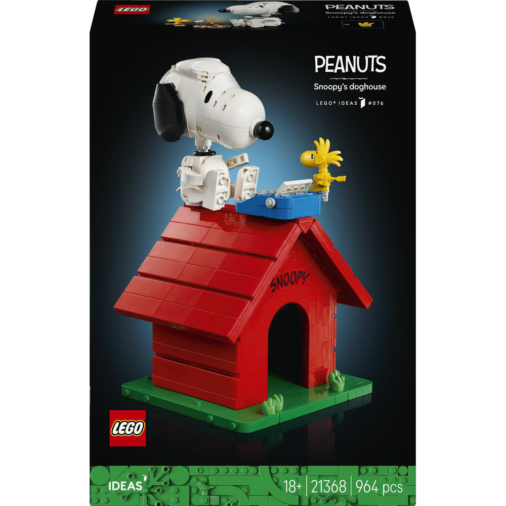 LEGO Snoopy's Hundehütte Set mit Snoopy und Woodstock Figuren auf einer roten Hundehütte.
