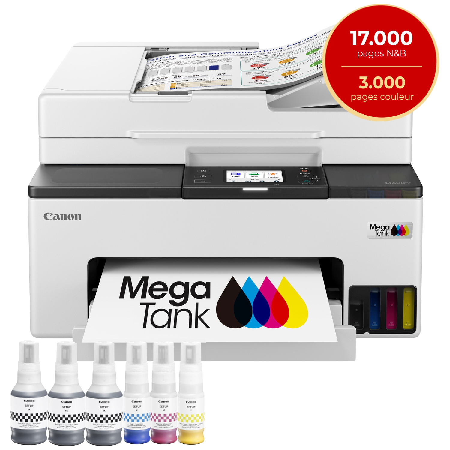 Een witte Canon Mega Tank printer met inktflessen en geprint papier.