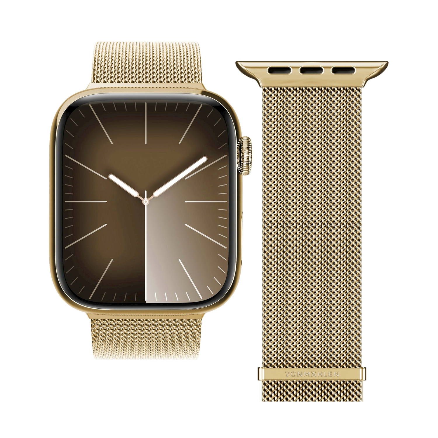 Orologio intelligente dorato con cinturino milanese e cinturino separato.