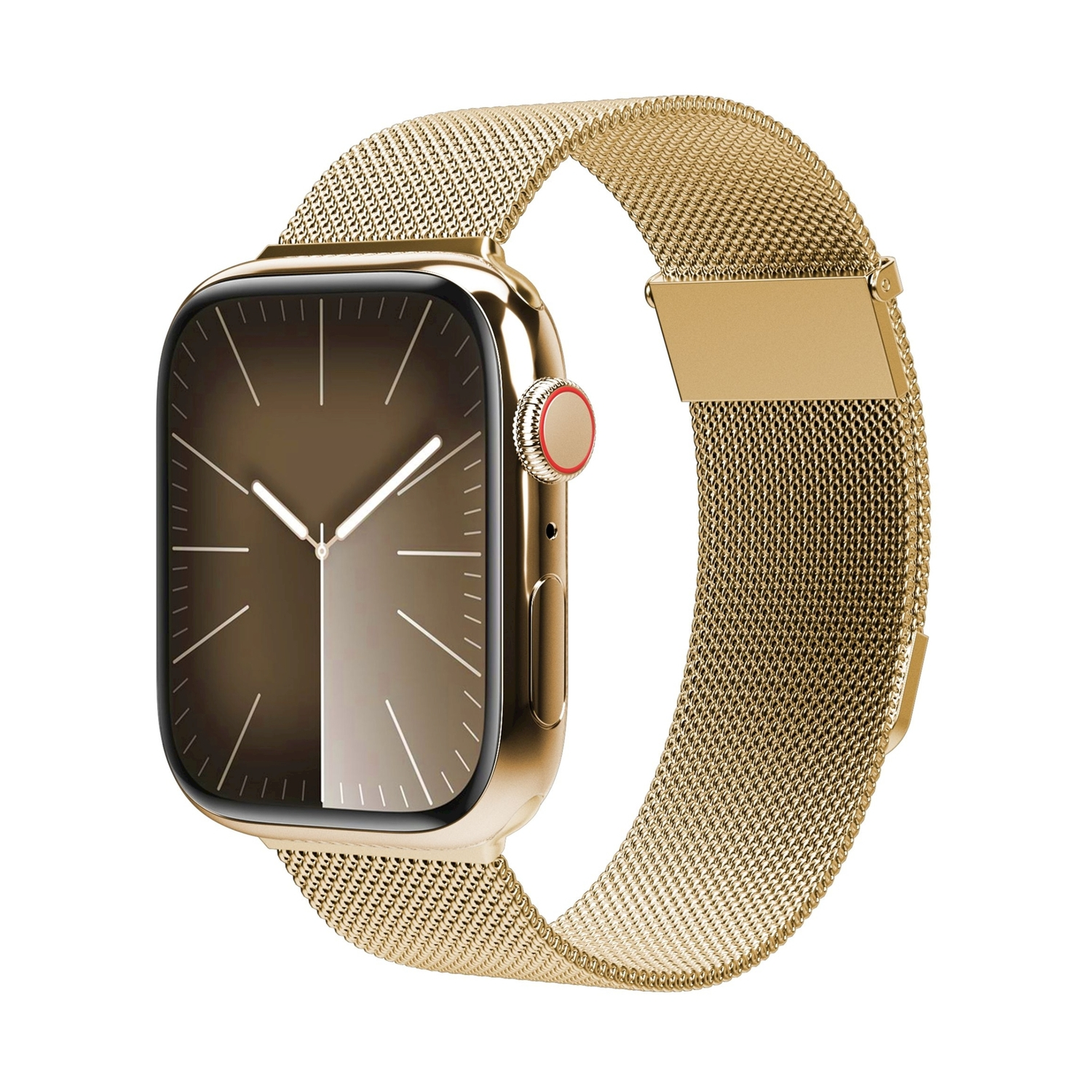 Orologio smart dorato con cinturino milanese e quadrante marrone.