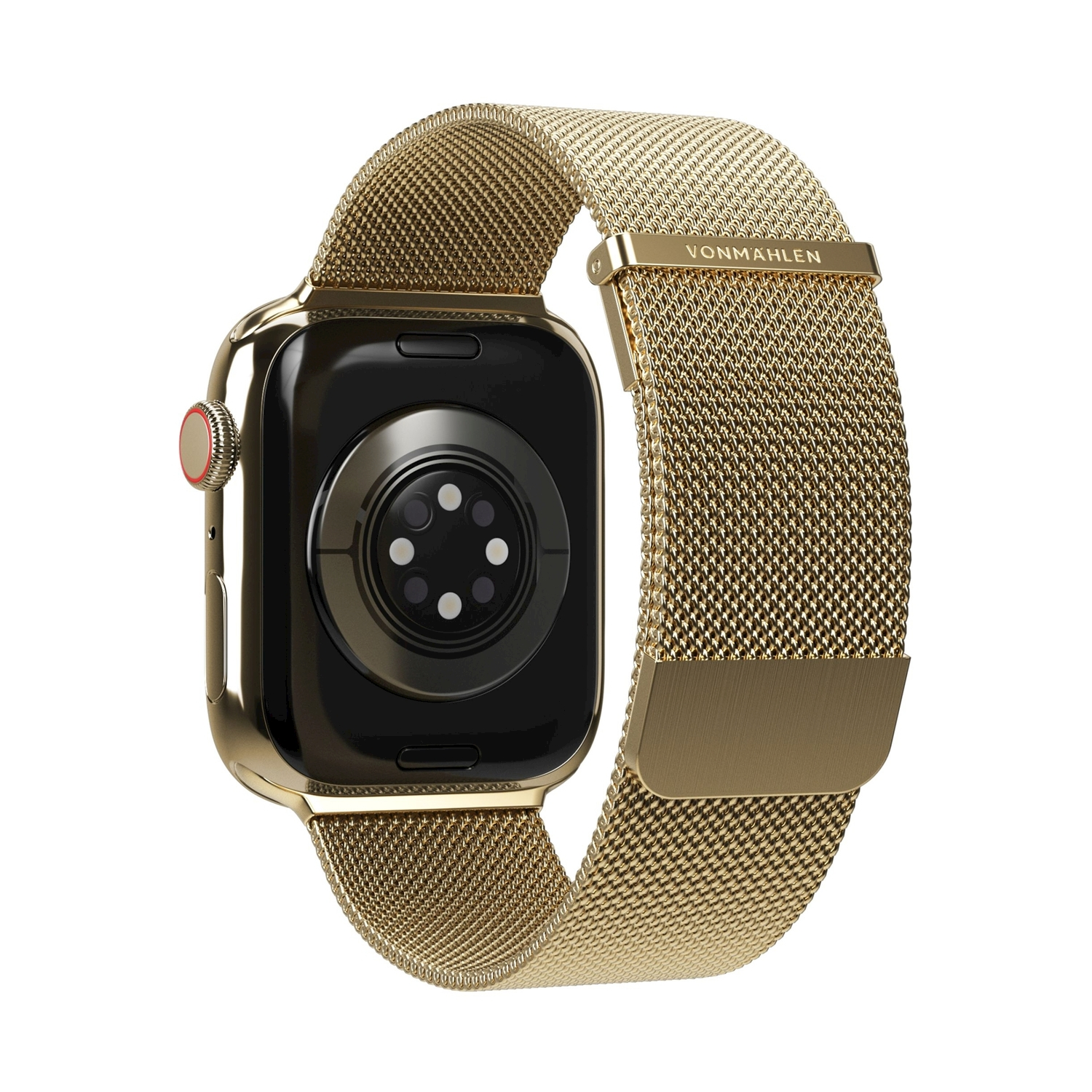 Orologio smart dorato con quadrante nero e cinturino milanese.
