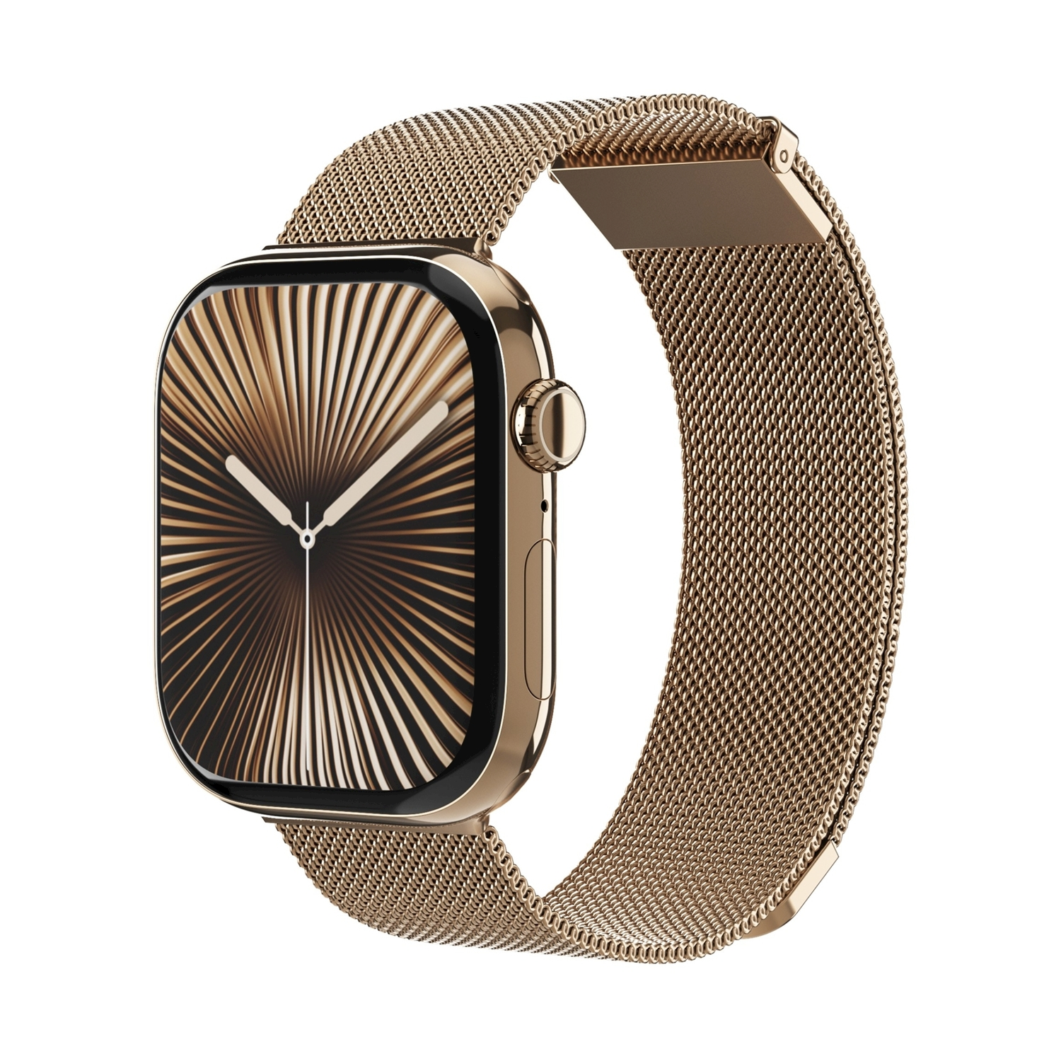 Uno smartwatch dorato con cinturino in rete e quadrante astratto.