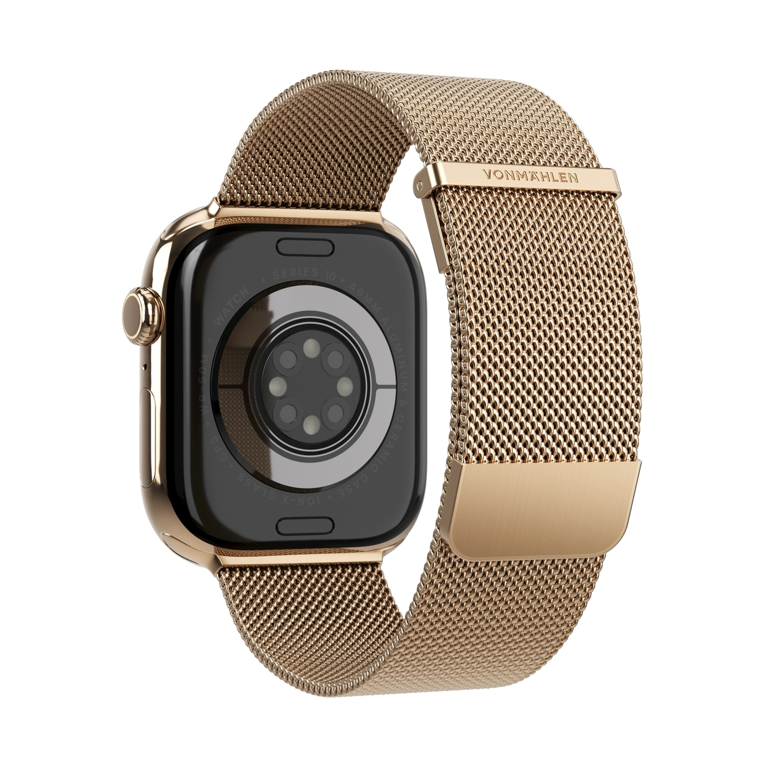 Smartwatch dorata con cinturino milanese, retro con sensori e scritte.