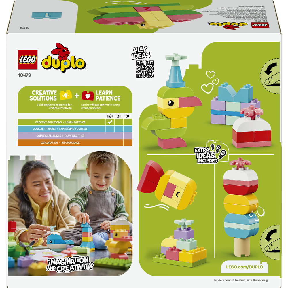 Lego Duplo Box mit Spielzeugvögeln, Bauanleitungen und Kindern beim Spielen.